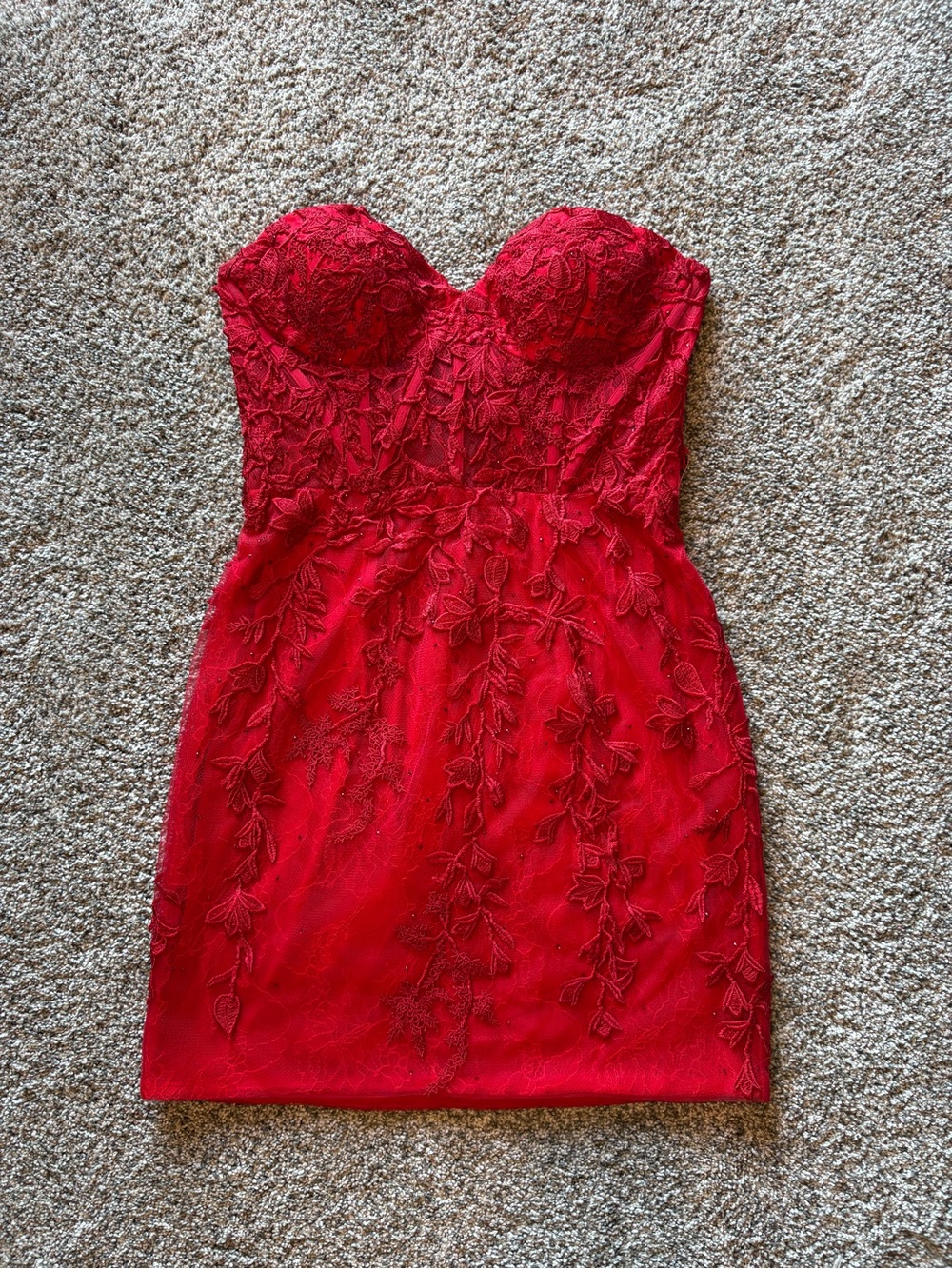 Red Strapless Lace Embroidered Cocktail Dress